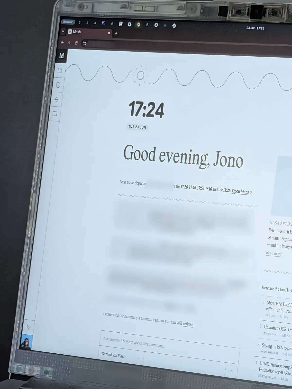 A laptop screen displaying a custom web app named Mesh with a clean design, a greeting, and a prompt box for Gemini 2.5 Flash.