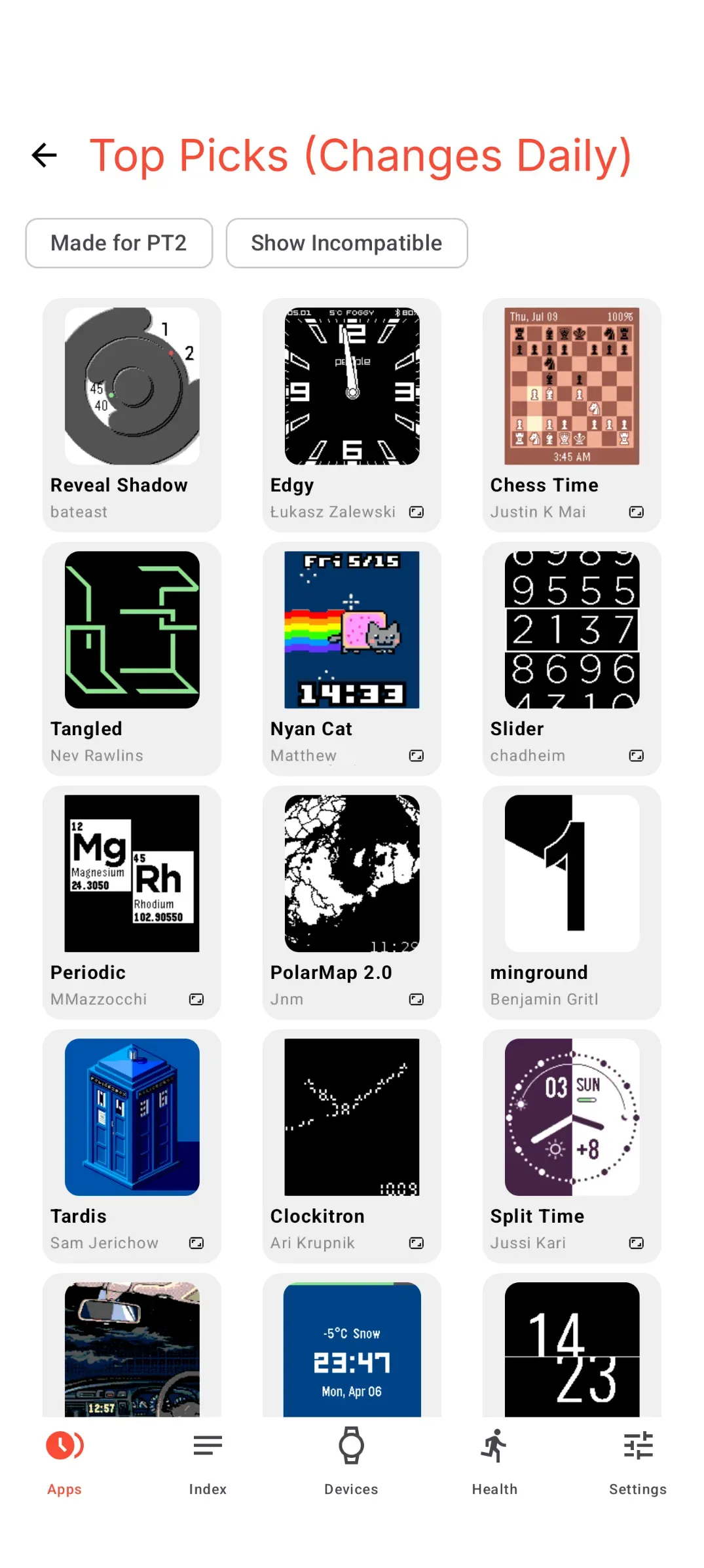 A screenshot of the Pebble app showing a grid of various custom watchfaces in the Top Picks section