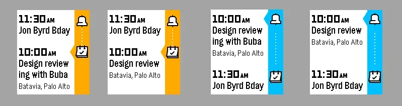 A digital rendering of the Pebble Timeline UI showing an upcoming meeting