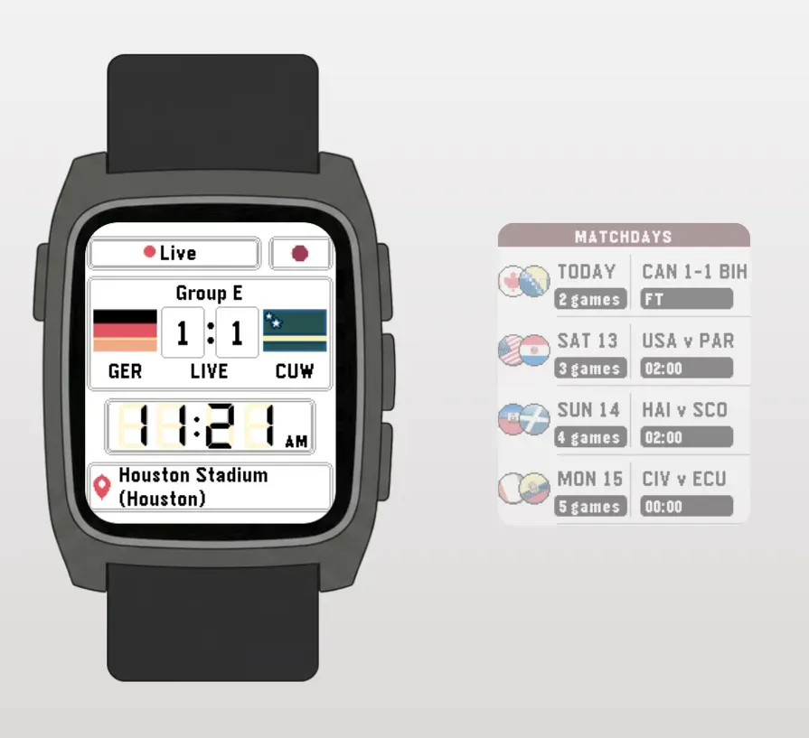 A screenshot of the World Cup 2026 app for Pebble showing a match and an interactive touch slider