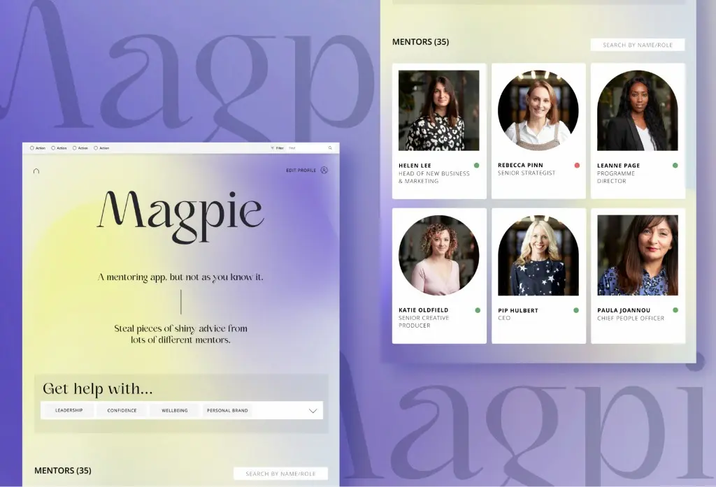 Screenshot of the Magpie app showing mentor profiles.